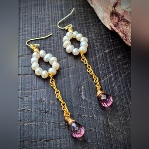 Pink Lilac Kunzite Quartz W/ Pearls In Long Ethereal Gilded Gold Plated Earrings